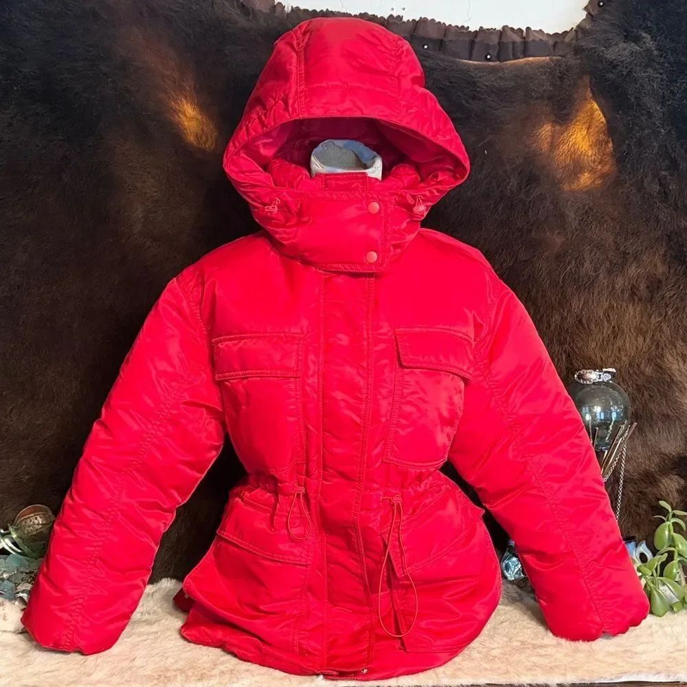 Bright Red Hooded Puffer Jacket S (BK6)